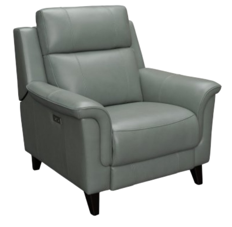 Blue leather recliner armchair with black legs.