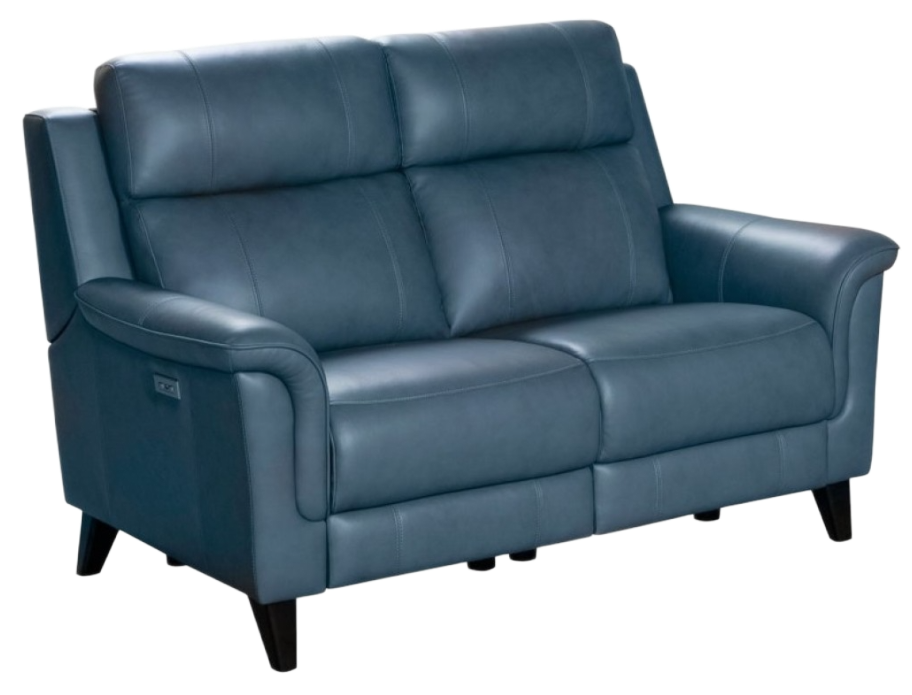 Blue leather two-seater recliner sofa with black legs, in a studio setting.