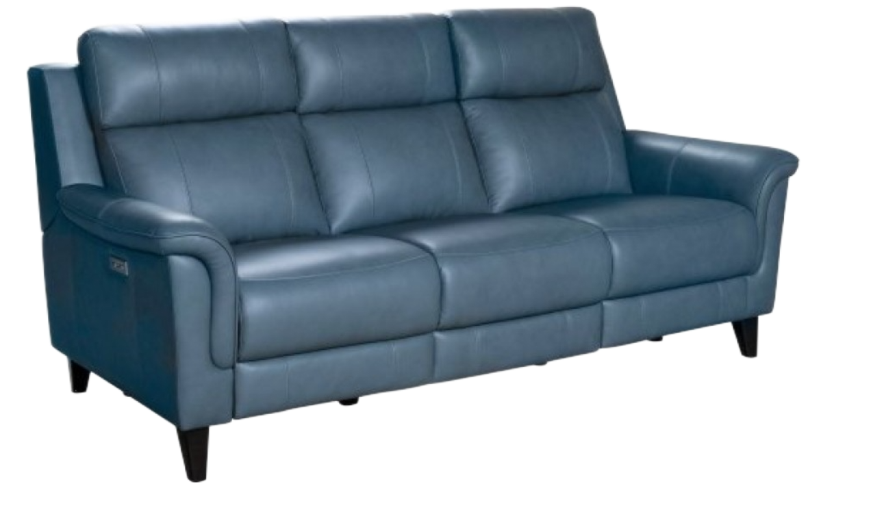 Blue leather reclining sofa with three cushions and black legs.
