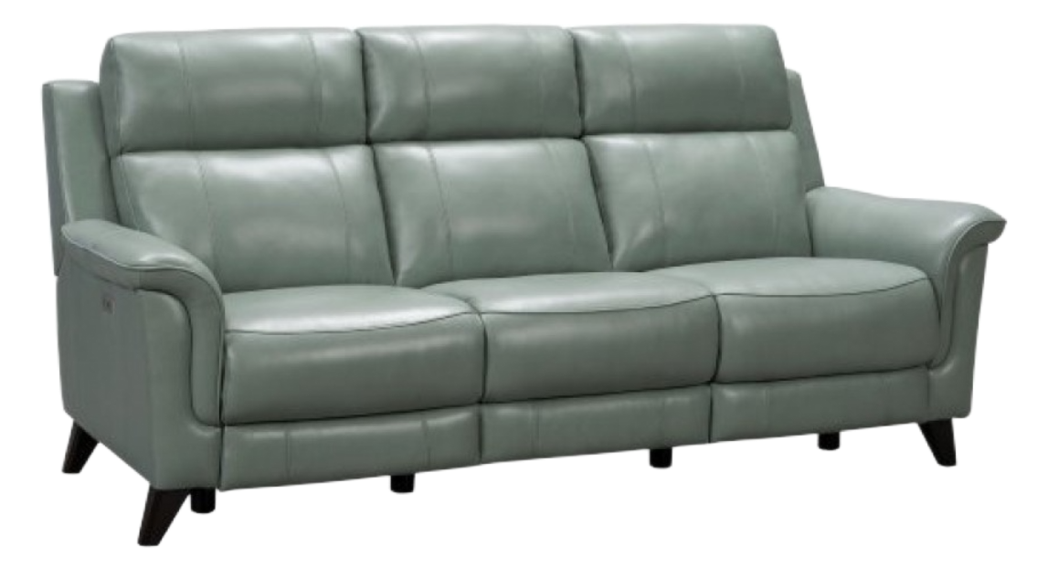 Blue leather reclining sofa with three cushions and black legs.