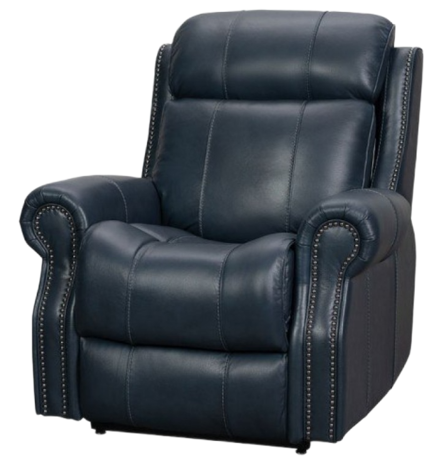 Blue leather lift recliner chair with white stitching detail.