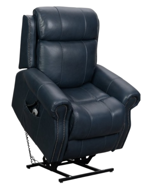 Blue leather lift recliner chair with white stitching detail.