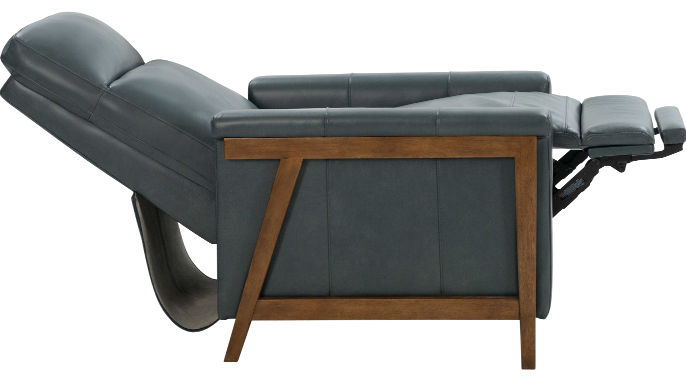 Blue leather recliner with wooden frame, footrest extended.