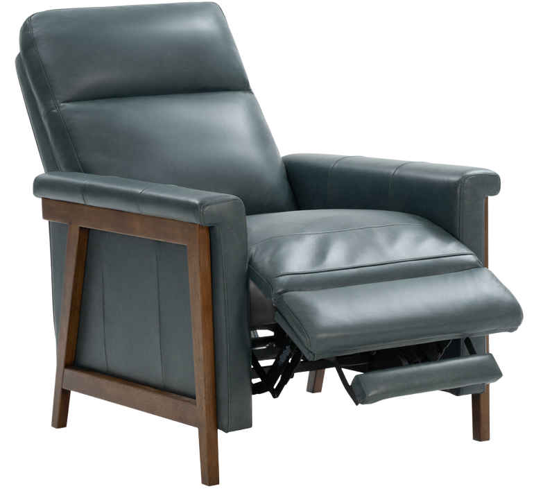 Blue leather recliner with wooden frame, footrest extended.