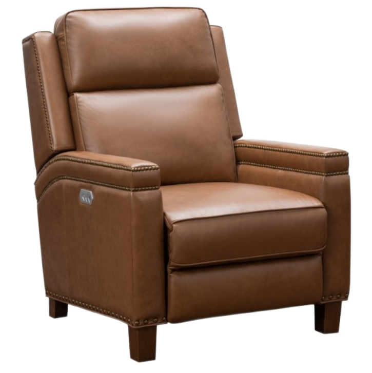 Brown leather recliner chair with extended footrest.