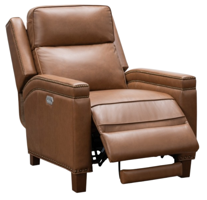 Brown leather recliner chair with extended footrest.