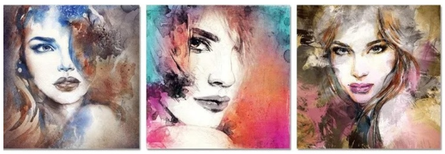 Triptych of three watercolor portraits of women with colorful, expressive backgrounds.