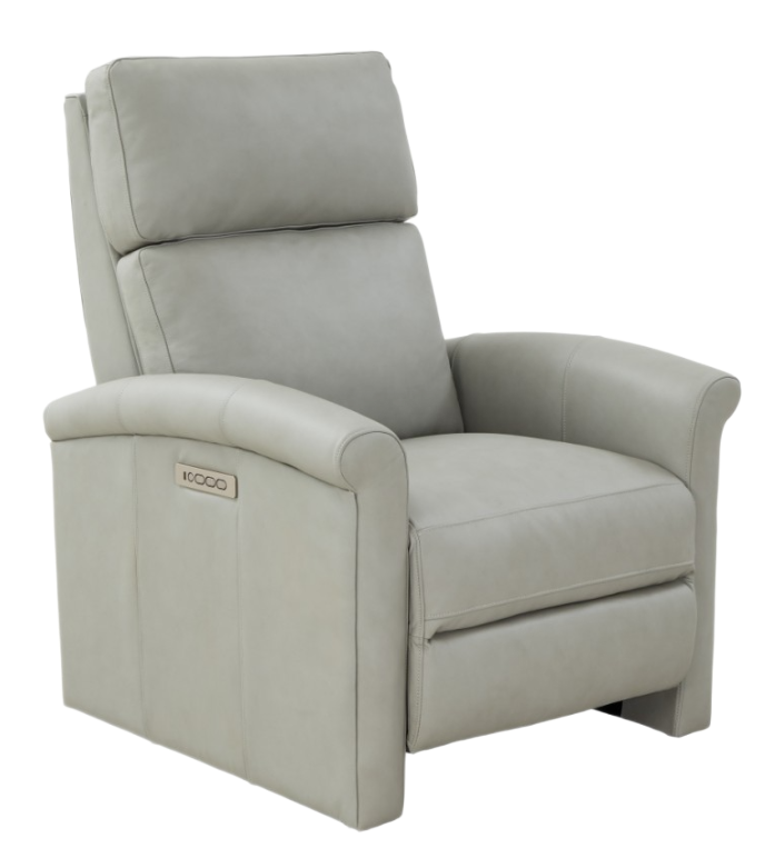 Light gray recliner chair, partially reclined, with headrest and footrest extended.