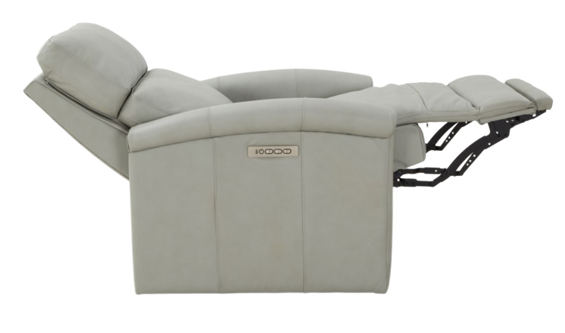 Light gray recliner chair, partially reclined, with headrest and footrest extended.