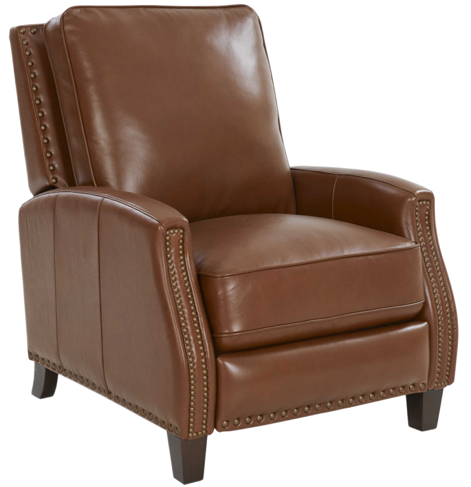 Brown leather recliner chair with nailhead trim.