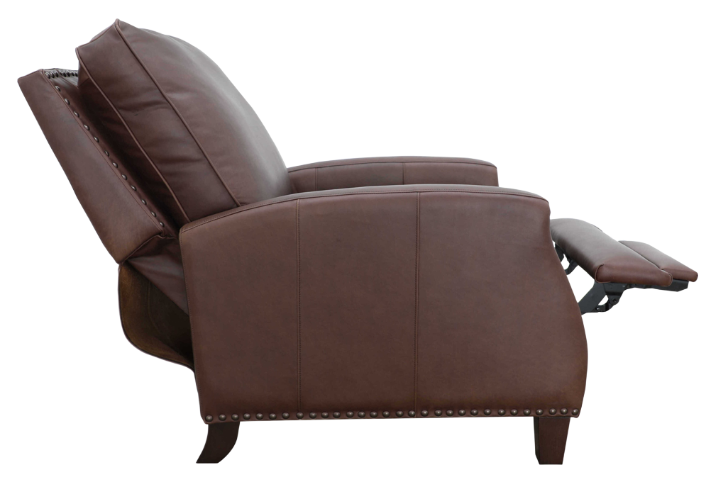 Brown leather recliner chair with nailhead trim.