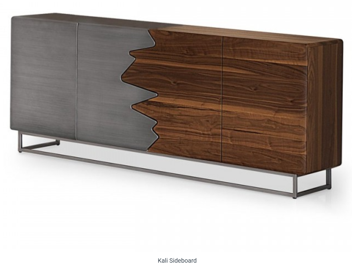 Modern sideboard cabinet, metallic gray and wood finish, with angled design on a metal frame.