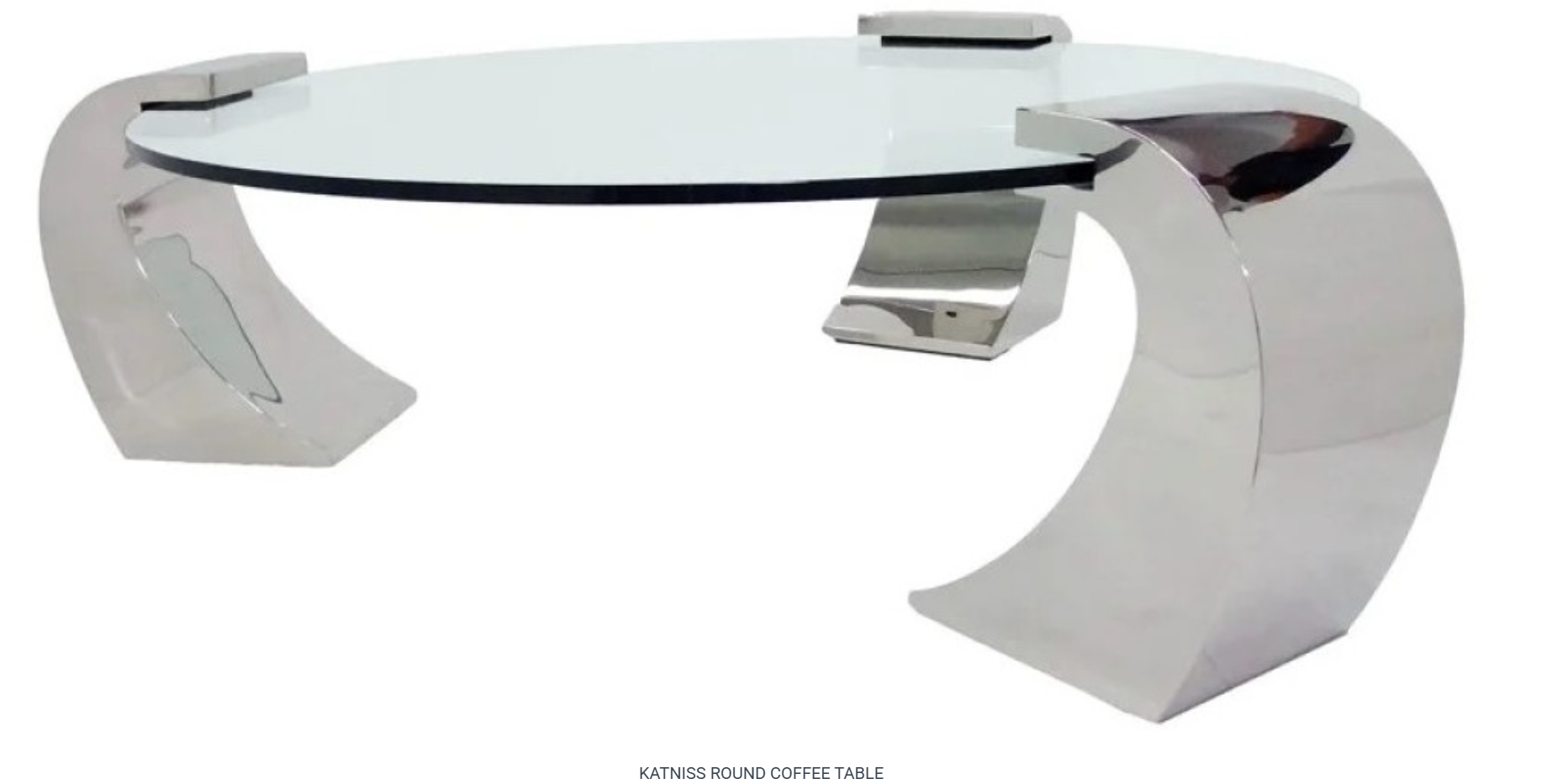 Modern coffee table with a clear, oval glass top and silver curved metal base.