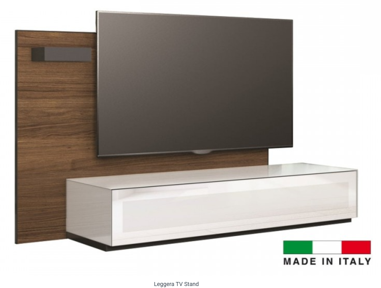 Modern TV stand with a mounted TV and Italy flag. Features wood and white glossy finish.