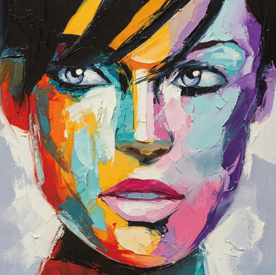 Close-up portrait with brightly colored, textured brushstrokes; woman's face with light eyes, pink lips.