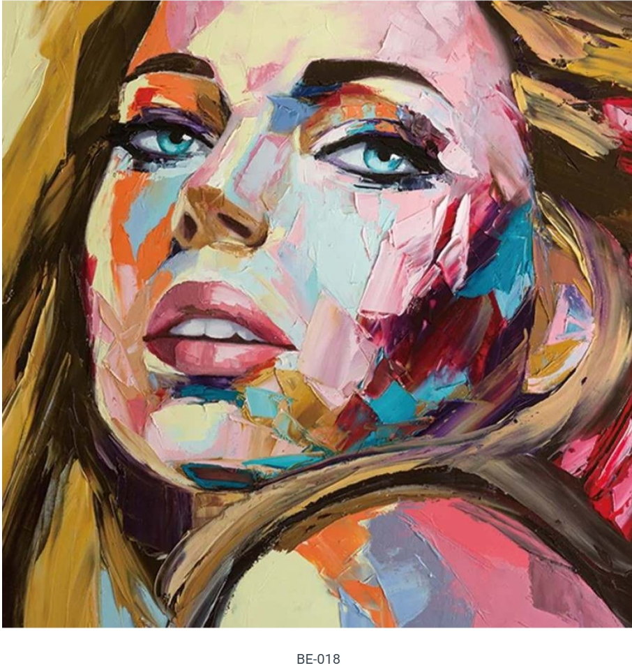 Abstract portrait with bright colors, of a woman with blue eyes, looking up, and pink lips.