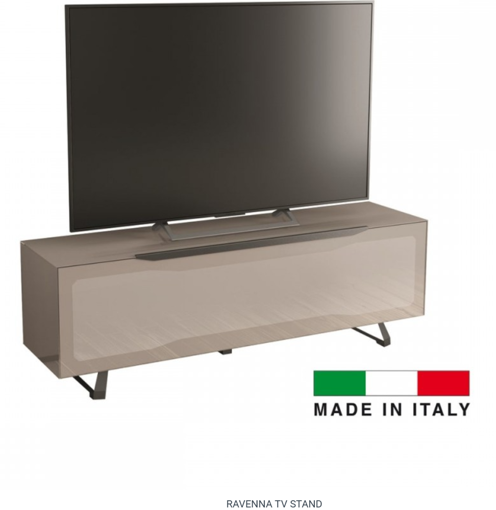 Tan Italian TV stand with a mounted TV; 