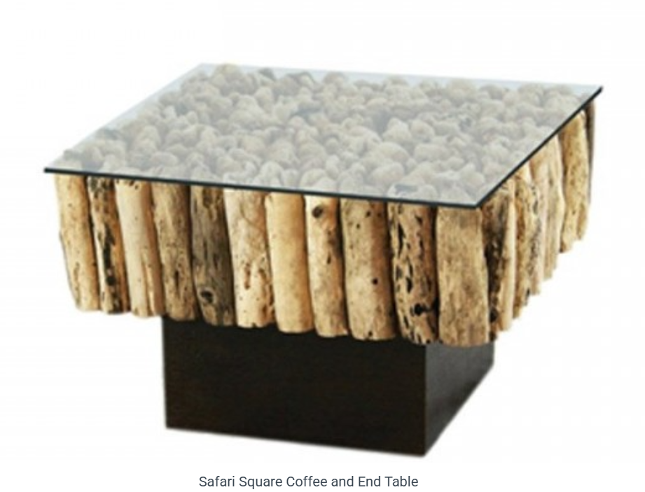Square coffee table with glass top and driftwood edges, resting on a dark, square base.