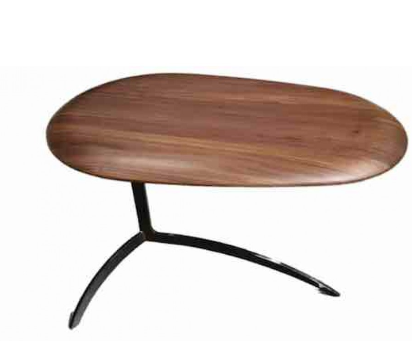 Wooden oval coffee table with black, tripod-style metal base.
