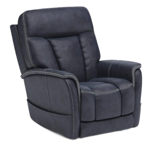 Navy blue recliner with white stitching.