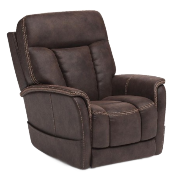 Navy blue recliner with white stitching.