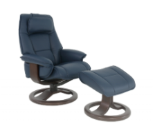 Light blue recliner chair with footrest, black base.