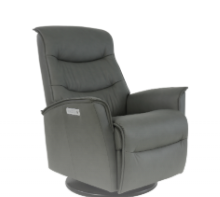 Gray leather recliner chair, partially reclined, on a swivel base.