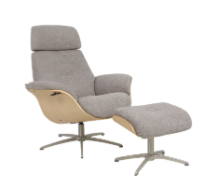 Gray upholstered recliner chair and matching ottoman with wood and metal base.