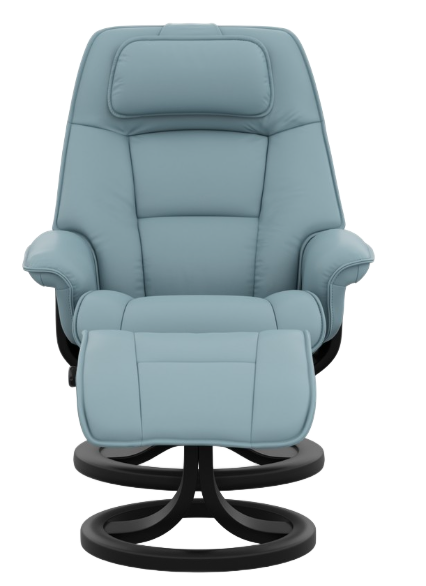 Light blue recliner chair with footrest, black base.