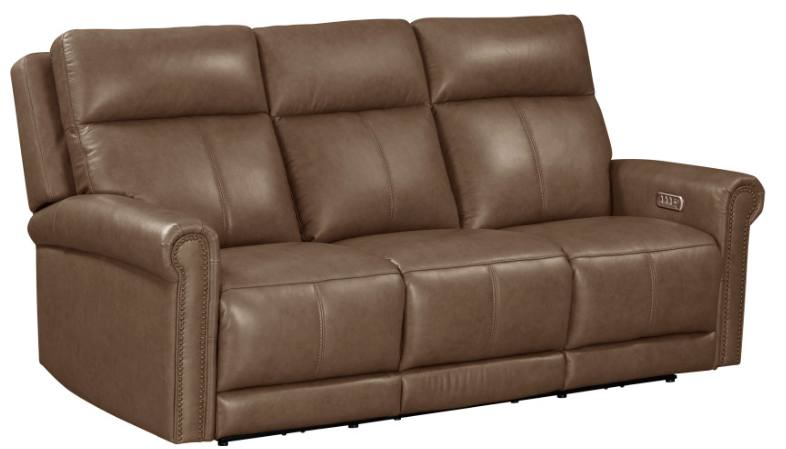 Brown leather reclining sofa with three seats.