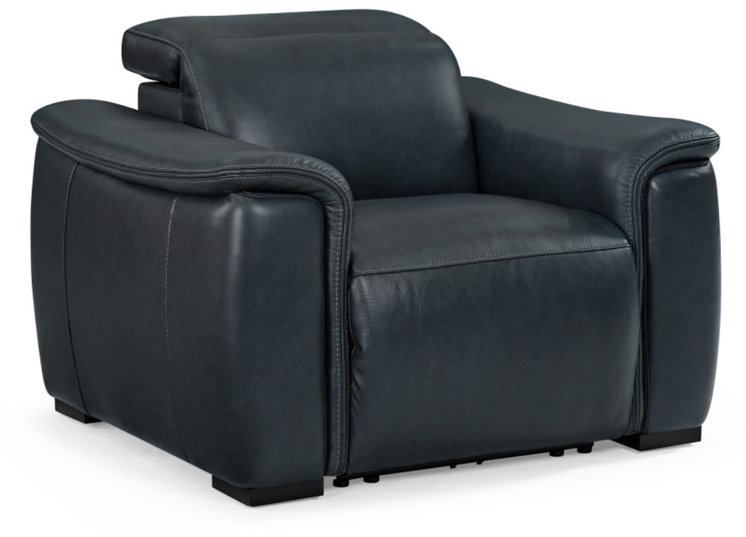 Blue leather recliner armchair with padded arms and headrest.
