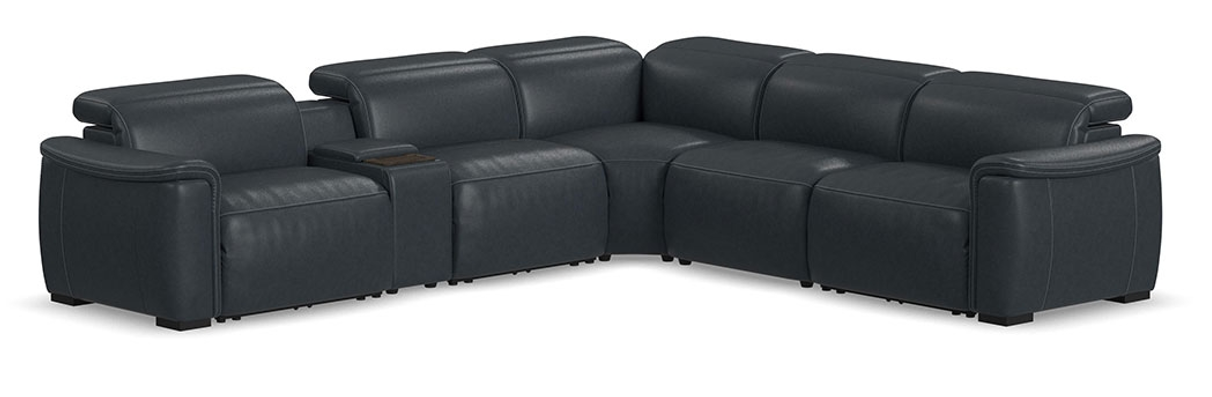 Dark gray leather sectional sofa with drink holder.