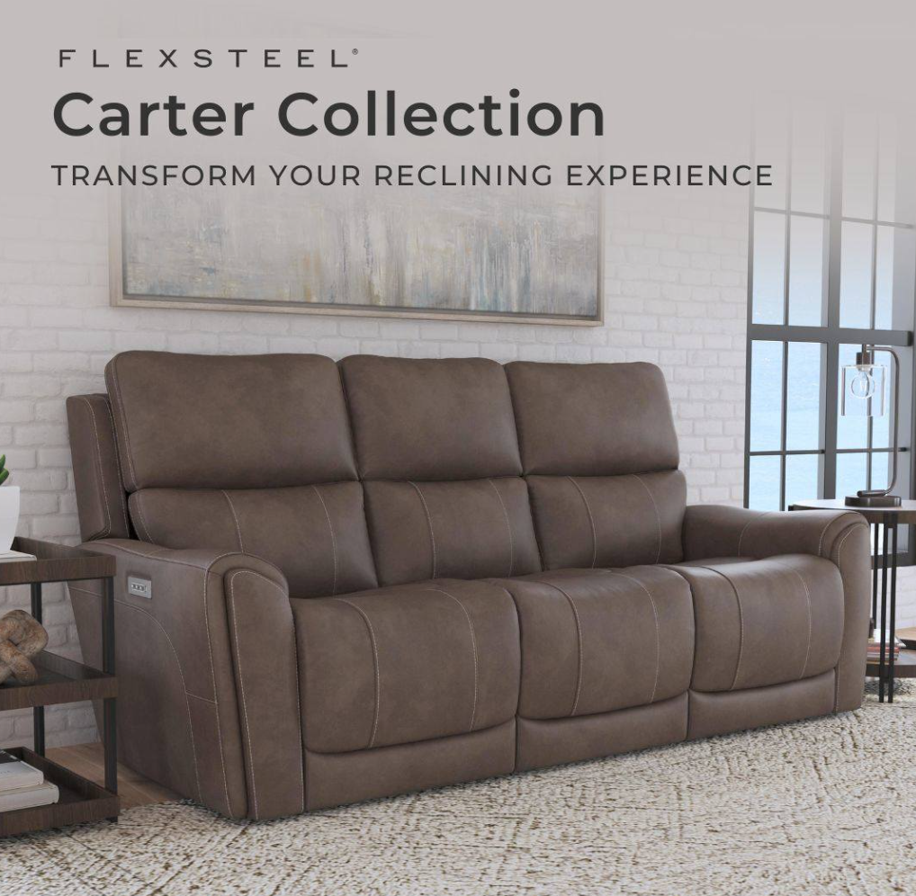 Flexsteel Carter Collection reclining sofa in a room with a rug and side tables.