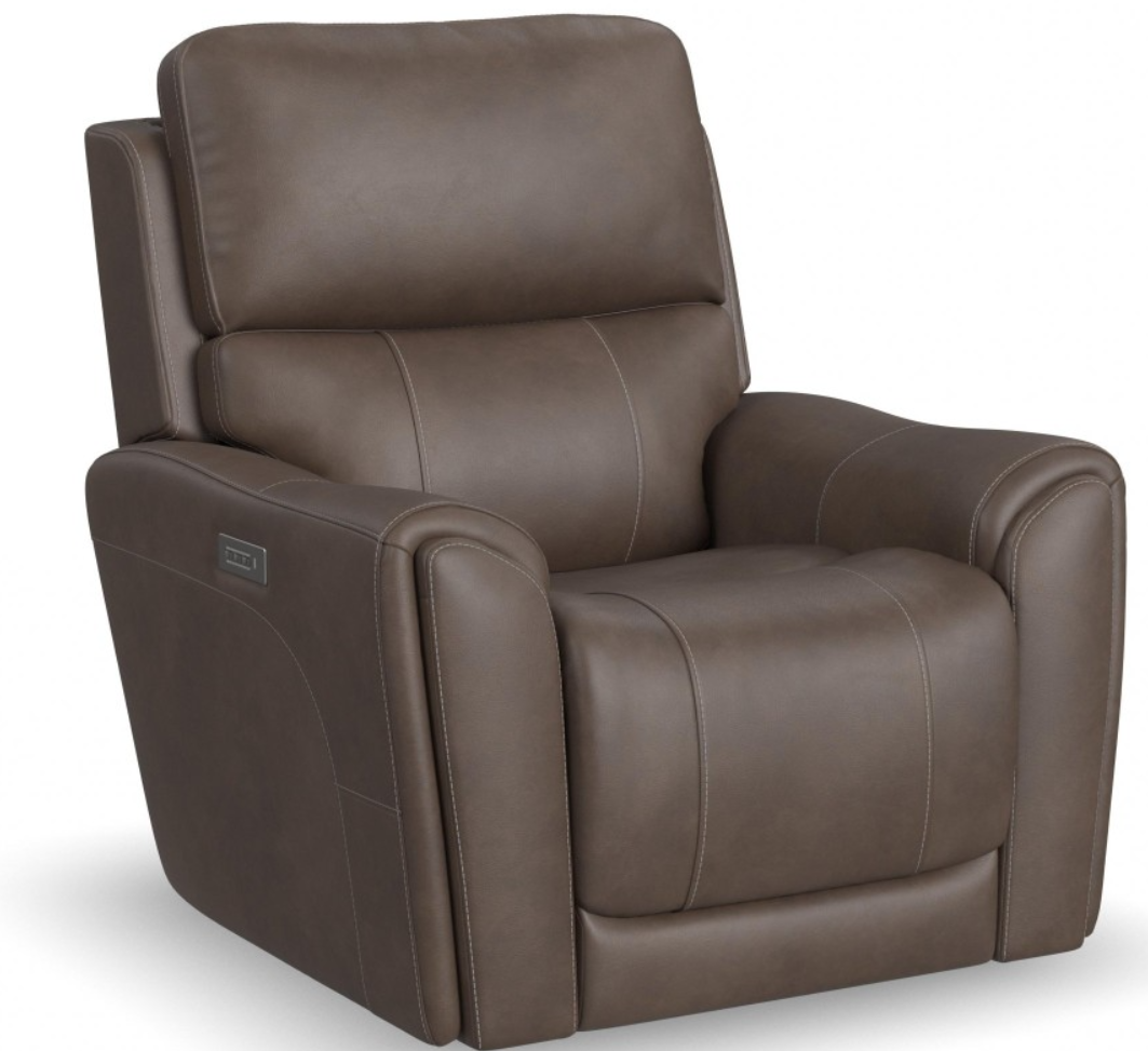 Brown leather recliner chair, partially reclined.
