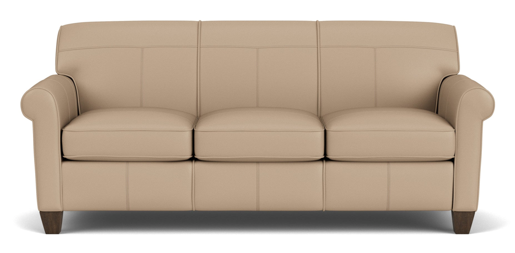 Beige leather sofa with three cushions and rolled arms, on dark wood feet.