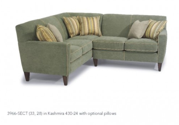 Brown L-shaped sofa with dark wooden legs on a white background.