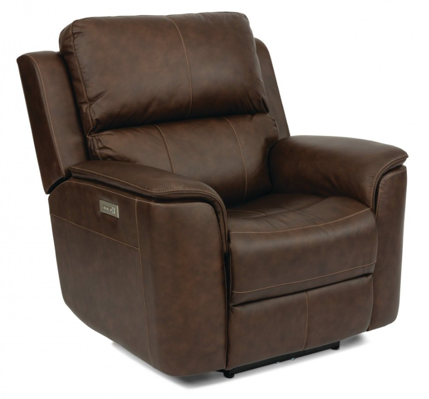 Brown leather recliner chair, partially reclined, in a well-lit setting.
