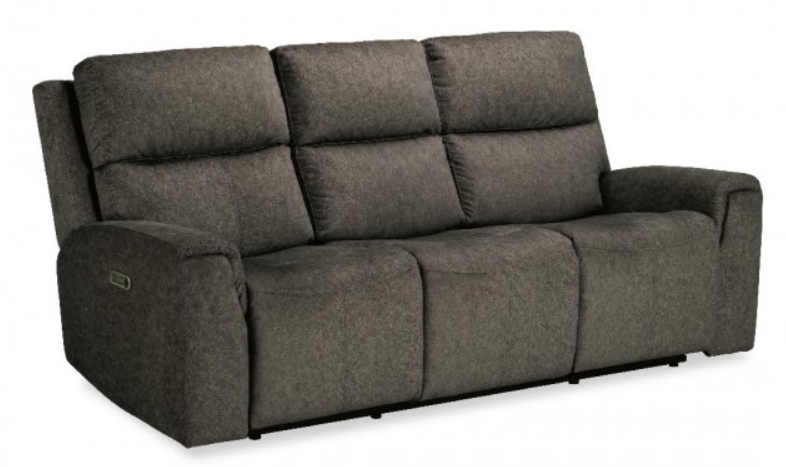 Beige leather reclining sofa. Three seats, raised headrests, arms with control panel on the side.