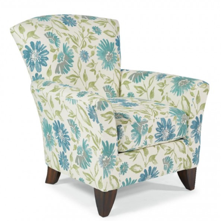 Floral patterned armchair with blue and green flowers on a white background, dark wooden legs.