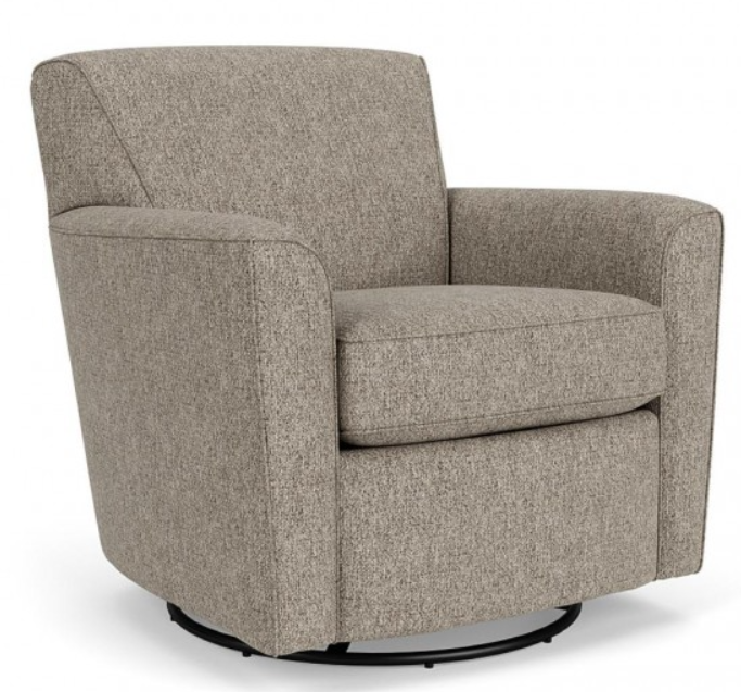Tan upholstered swivel armchair.