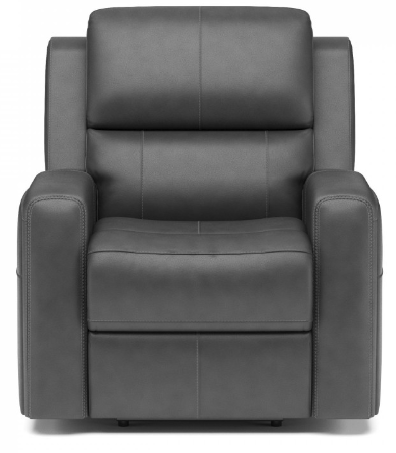 Brown leather recliner chair, modern style. Features armrests, stitched details, and control panel.