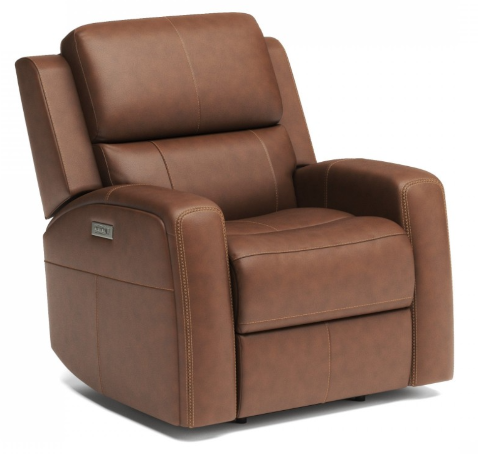 Brown leather recliner chair, modern style. Features armrests, stitched details, and control panel.