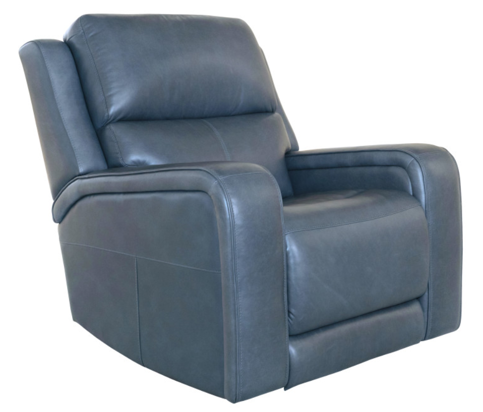 Blue leather recliner chair, partially reclined.