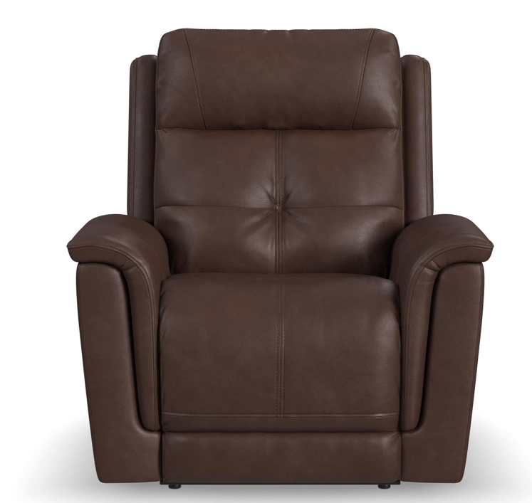 Brown leather recliner chair with padded back and armrests.