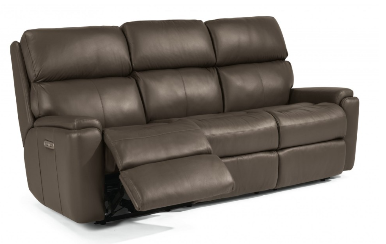 Brown leather reclining sofa with three seats, one reclined.