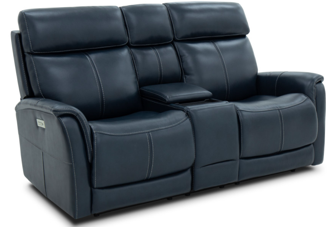 Blue leather reclining loveseat with center console, two cup holders, and headrests.