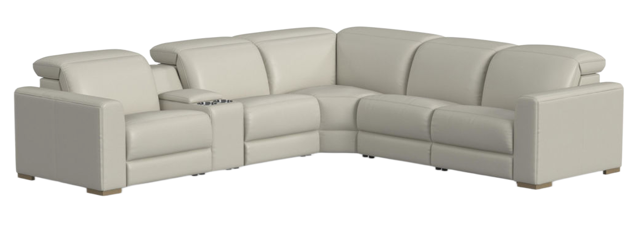 Beige leather sectional sofa with a built-in cup holder, set against a white background.