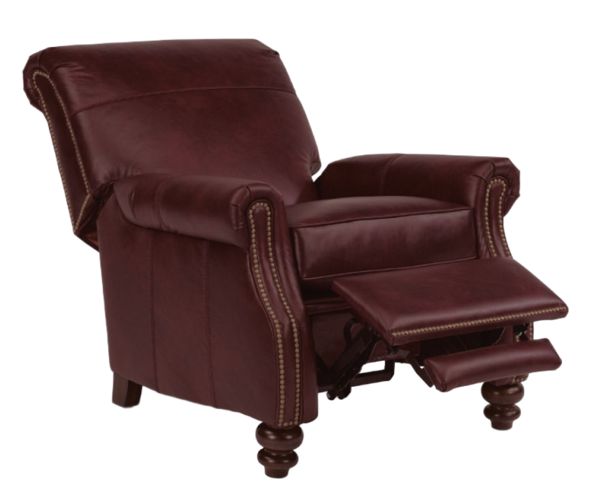 Burgundy leather recliner with nailhead trim and wooden legs, footrest extended.