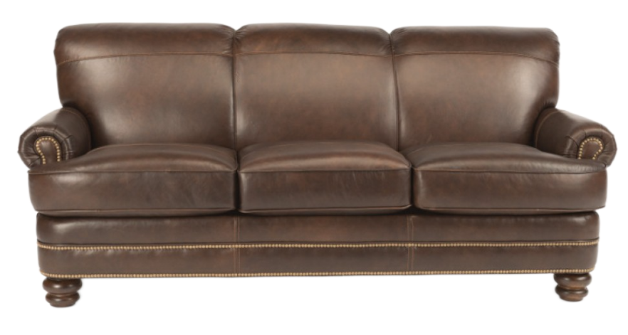 Burgundy leather recliner with nailhead trim and wooden legs, footrest extended.
