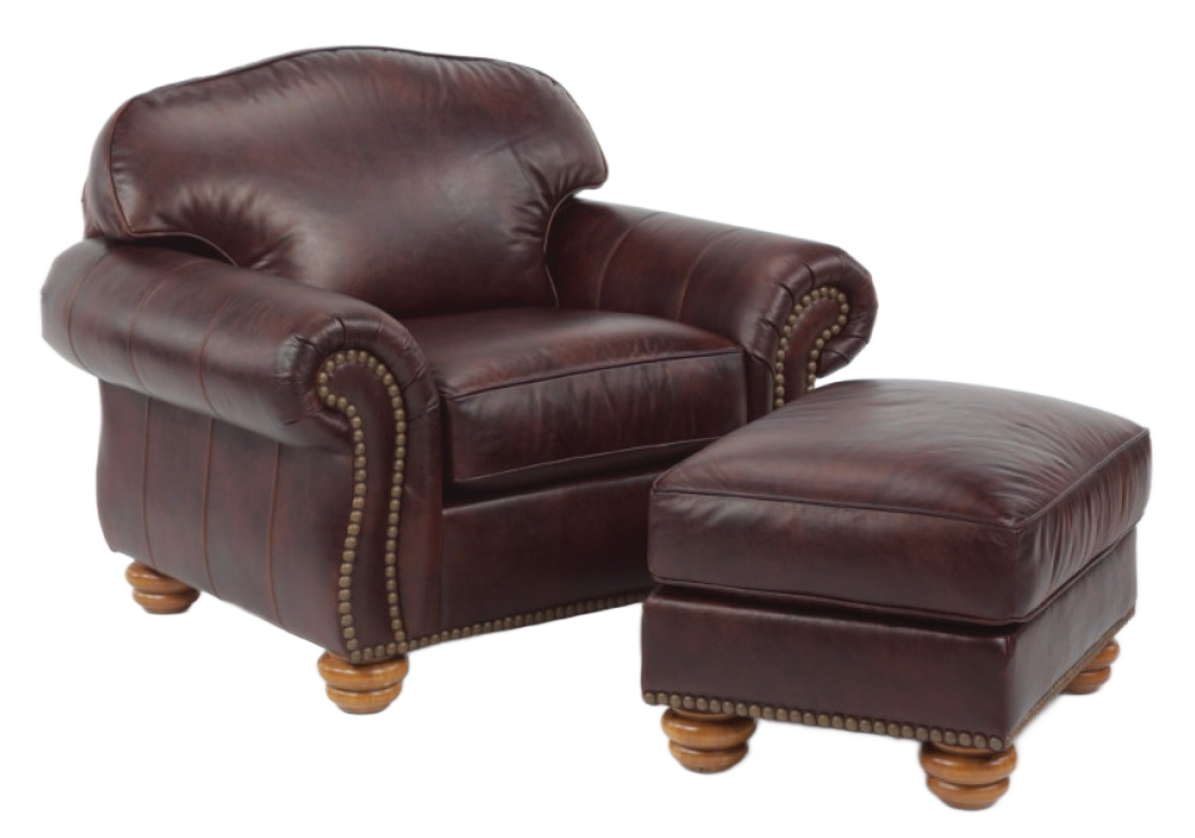 Brown leather armchair and ottoman with nailhead trim and wooden feet.
